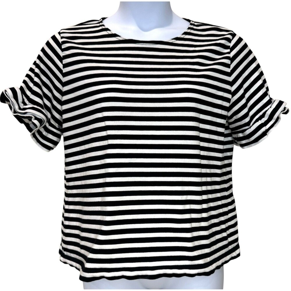 J Crew Blue & White Striped Ruffle Sleeve Cotton Shirt Women’s Size XL Top